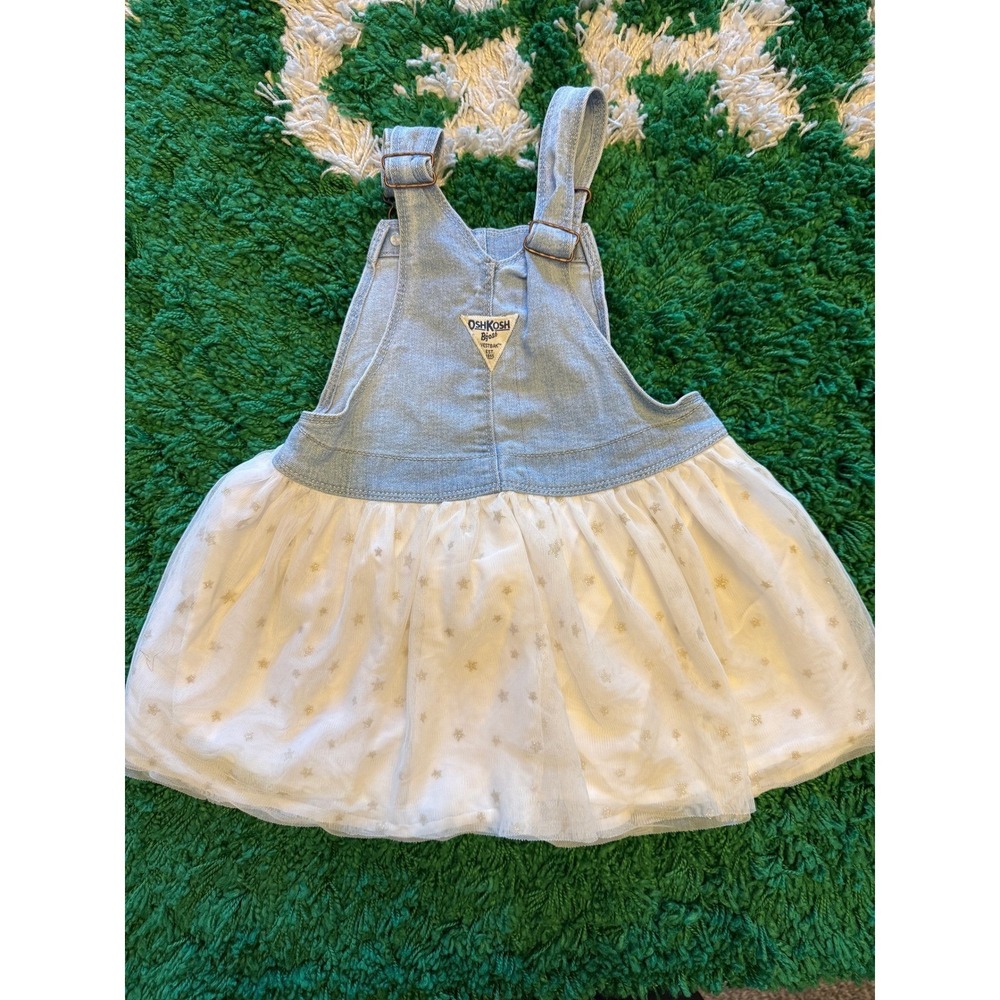 OshKosh B'gosh Overall Jumper Dress Toddler Blue White Excellent Gold Star Tutu